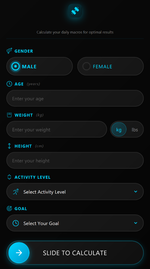CDCALC main user interface with inputs and slide to calculate